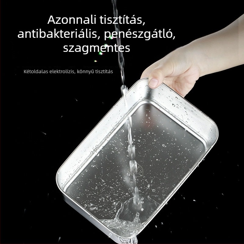 Rozsdamentes acélból készült, téglalap alakú tárolóedény fedővel; élelmiszerek tárolására; mikrohullámú sütőben nem használható; háztartási konyhai használatra.