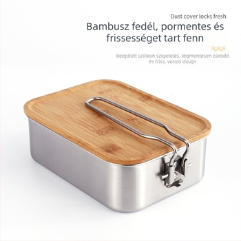 Nemesacél ebédes doboz bambusz fedéllel, négyszögletes, 501–800 ml, frissen tartja az ételeket