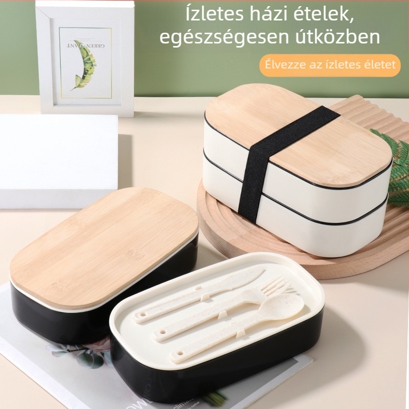 Műanyag Bento doboz bambusz fedővel, kettős rétegű, mikrohullámú sütőben használható, szigetelt és szivárgásmentes