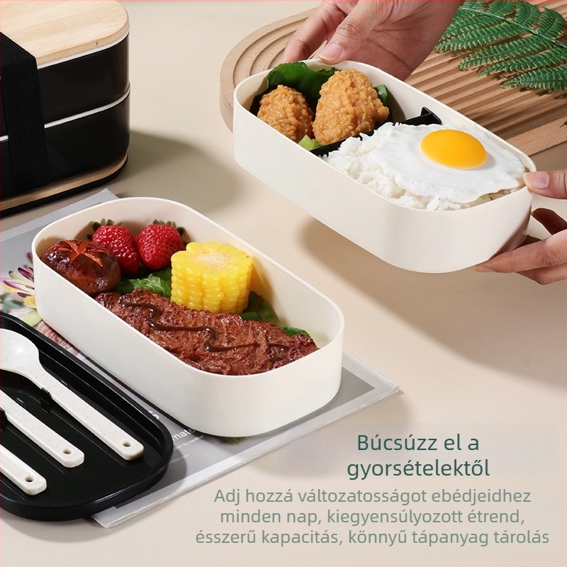 Műanyag Bento doboz bambusz fedővel, kettős rétegű, mikrohullámú sütőben használható, szigetelt és szivárgásmentes