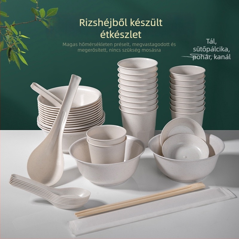 Kempingezéshez – egyszer használatos edénykészlet, rizshéj rostból + PP, oval tál és evőpálcikák, négy darabos készlet