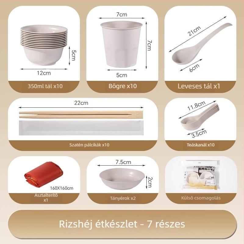 Kempingezéshez – egyszer használatos edénykészlet, rizshéj rostból + PP, oval tál és evőpálcikák, négy darabos készlet
