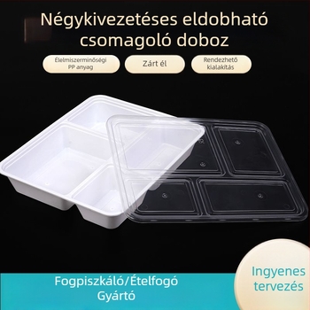 Egyszer használatos, négy rekeszes PP ételdoboz, zárható és szivárgásmentes, mikrózható