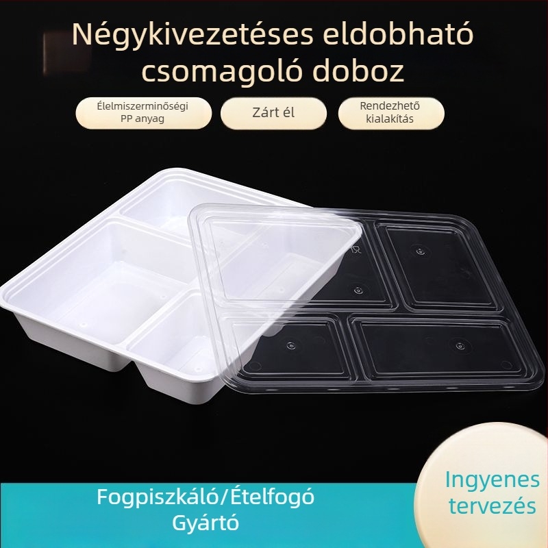 Egyszer használatos, négy rekeszes PP ételdoboz, zárható és szivárgásmentes, mikrózható