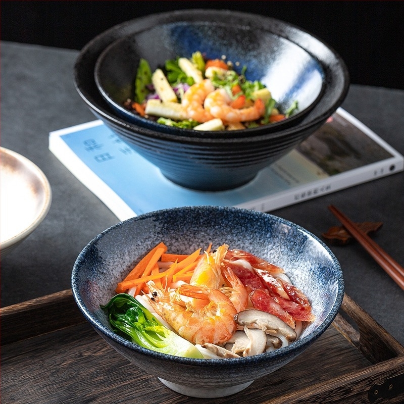 Japán stílusú porcelán ramen tál, kerámia tészta- és leveses tál, nagy kör alakú tál kalap alakú peremmel, háztartási használatra