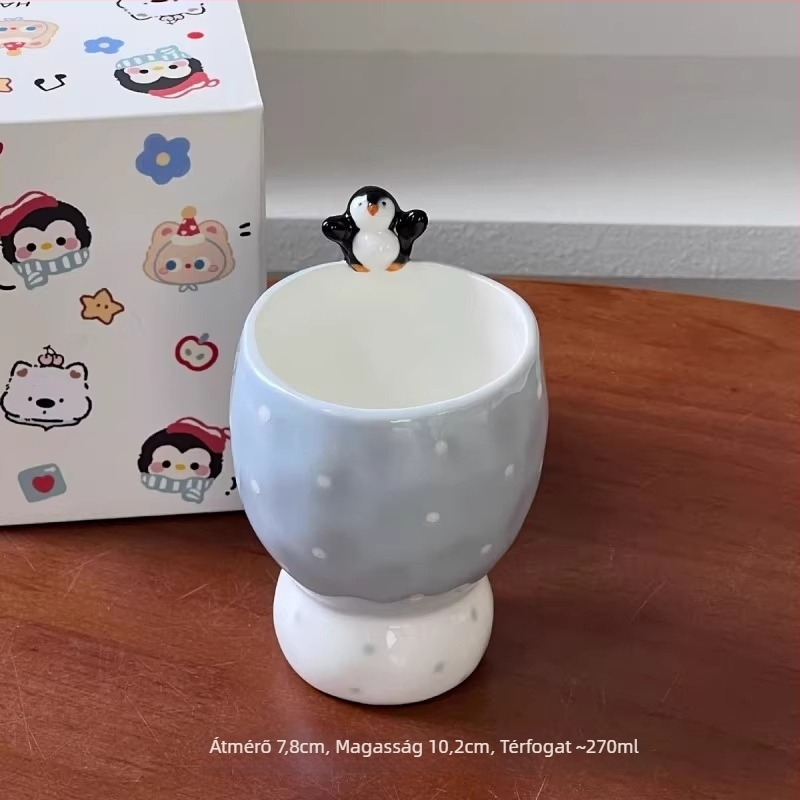 Kerámia étkészlet rajzfilm pingvin motívummal, aszimmetrikus design, 300 ml kapacitás, kézzel készített, testreszabható