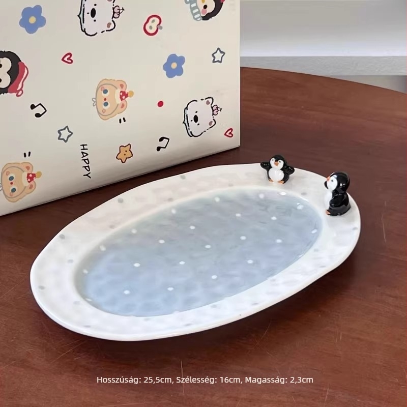 Kerámia étkészlet rajzfilm pingvin motívummal, aszimmetrikus design, 300 ml kapacitás, kézzel készített, testreszabható