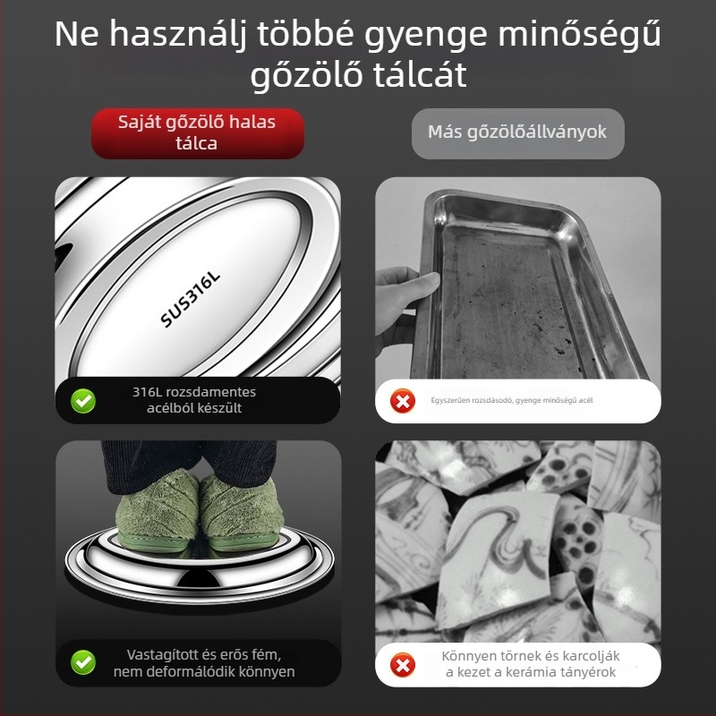 Oval alakú rozsdamentes acélból készült edény, élelmiszer-minőségű 304/316, otthoni gőzölt hal számára, mikrohullámú sütő nem támogatott