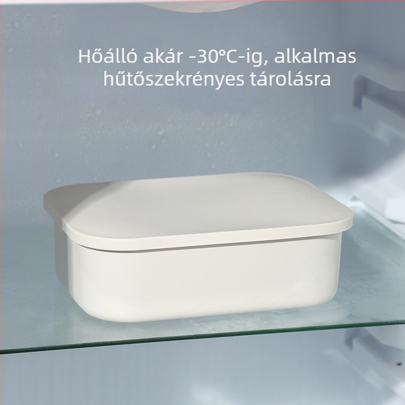 304 rozsdamentes acél ebédbox szilikon fedéllel, téglalap alakú, három rekeszes belső, mikrohullámú sütőben használható, kapacitás 800–1000 ml