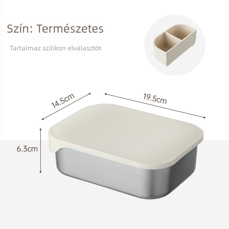 304 rozsdamentes acél ebédbox szilikon fedéllel, téglalap alakú, három rekeszes belső, mikrohullámú sütőben használható, kapacitás 800–1000 ml
