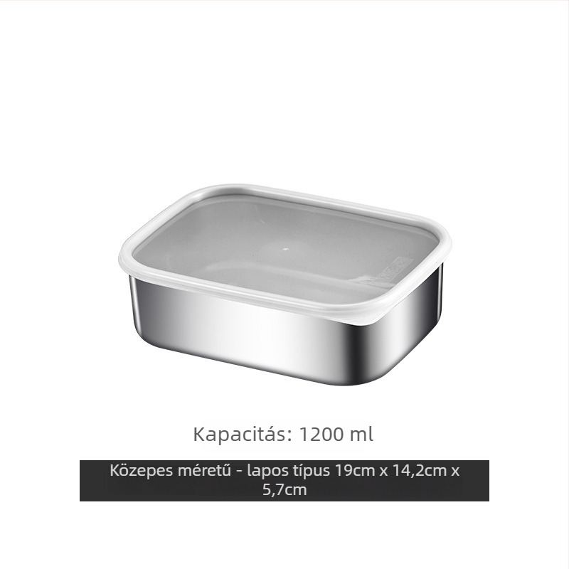 304 rozsdamentes acél ebédbox szilikon fedéllel, téglalap alakú, három rekeszes belső, mikrohullámú sütőben használható, kapacitás 800–1000 ml