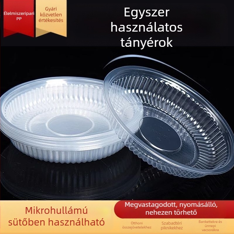Körkörös egyszer használatos műanyag tál, átlátszó (Kategória: egyszer használatos tál; Anyag: műanyag; Szavatosság: 1 év; Feldolgozás és testreszabás: Nincs)