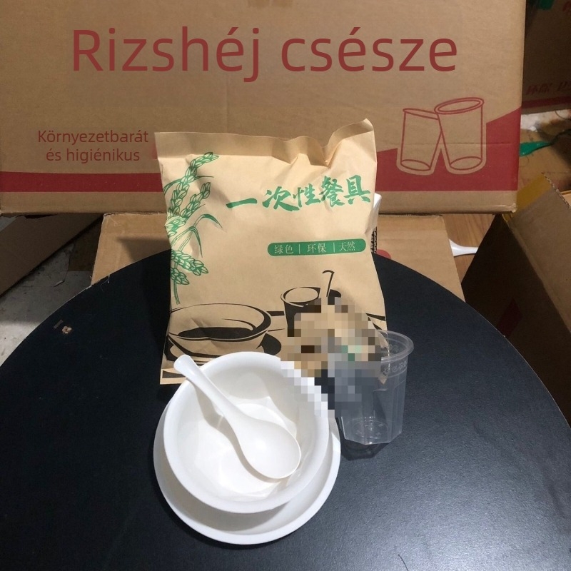 Egyszer használatos rizshéj étkészlet, négy részes, egyedi csomagolásban kraft papírban, vastagított kivitel, környezetbarát és tartós