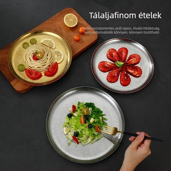 Rozsdamentes acélból készült kalapált felületű tál, kör alakú, modern minimál stílus, gyümölcssalátákhoz, süteményekhez és grillezéshez