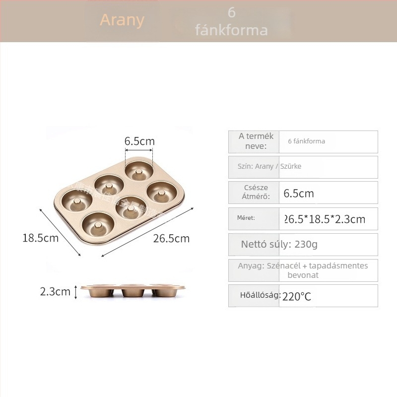 Fánk sütőforma 6/12 lyukú, kör alakú, szénacél, nem tapadó bevonat, otthoni sütésre