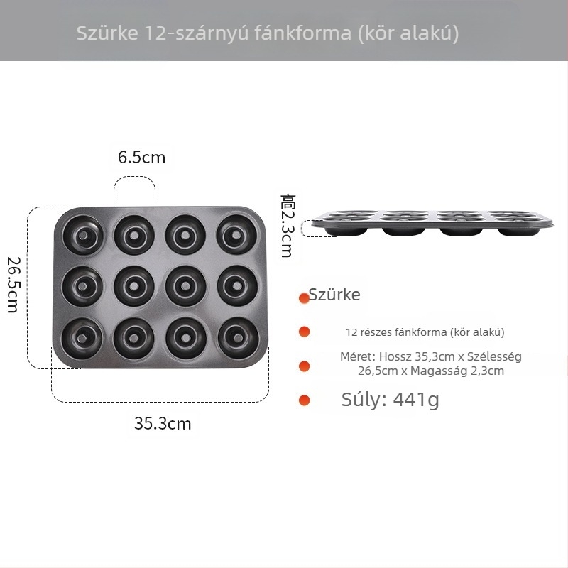 Fánk sütőforma 6/12 lyukú, kör alakú, szénacél, nem tapadó bevonat, otthoni sütésre