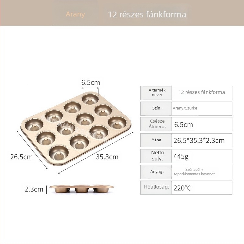 Fánk sütőforma 6/12 lyukú, kör alakú, szénacél, nem tapadó bevonat, otthoni sütésre