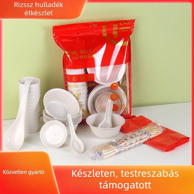 Egyszer használatos rizshéjból készült tál- és evőeszköz készlet - kör alakú, biológiailag lebomló, logó nyomható, testreszabható