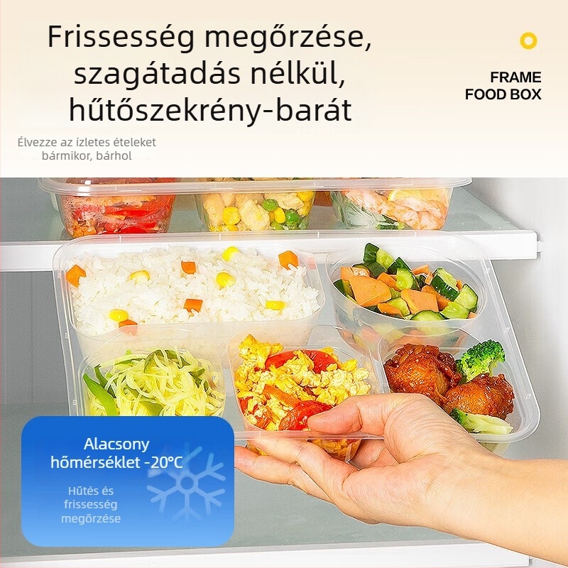 Temeiju egyszer használatos öt rekeszes ételdoboz – PP anyag, mikrohullámú sütőben használható, TMJ-054, 150 készlet dobozonként
