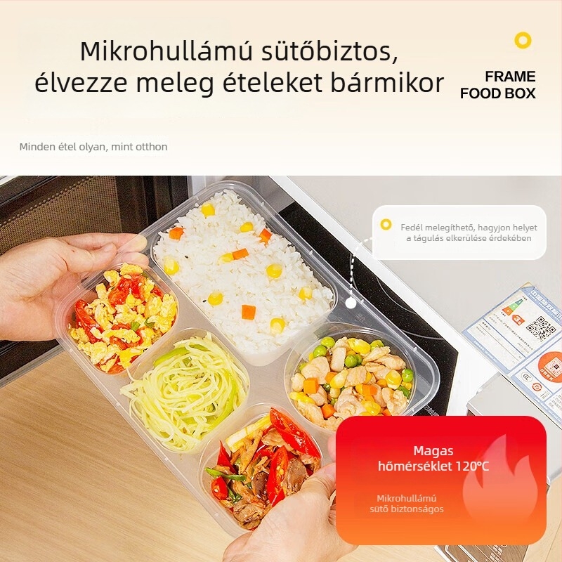 Temeiju egyszer használatos öt rekeszes ételdoboz – PP anyag, mikrohullámú sütőben használható, TMJ-054, 150 készlet dobozonként