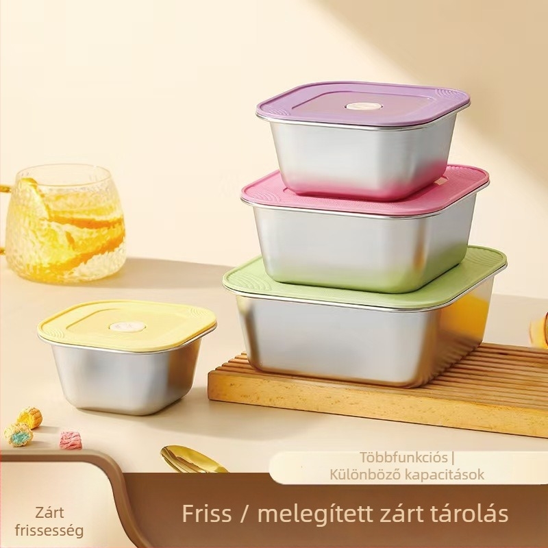 304 rozsdamentes acél ebéddoboz, négyszögletes, kétszintes, mikróban használható, melegen tartja