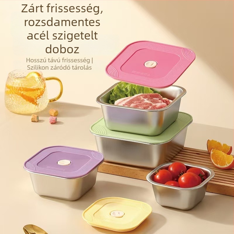 304 rozsdamentes acél ebéddoboz, négyszögletes, kétszintes, mikróban használható, melegen tartja
