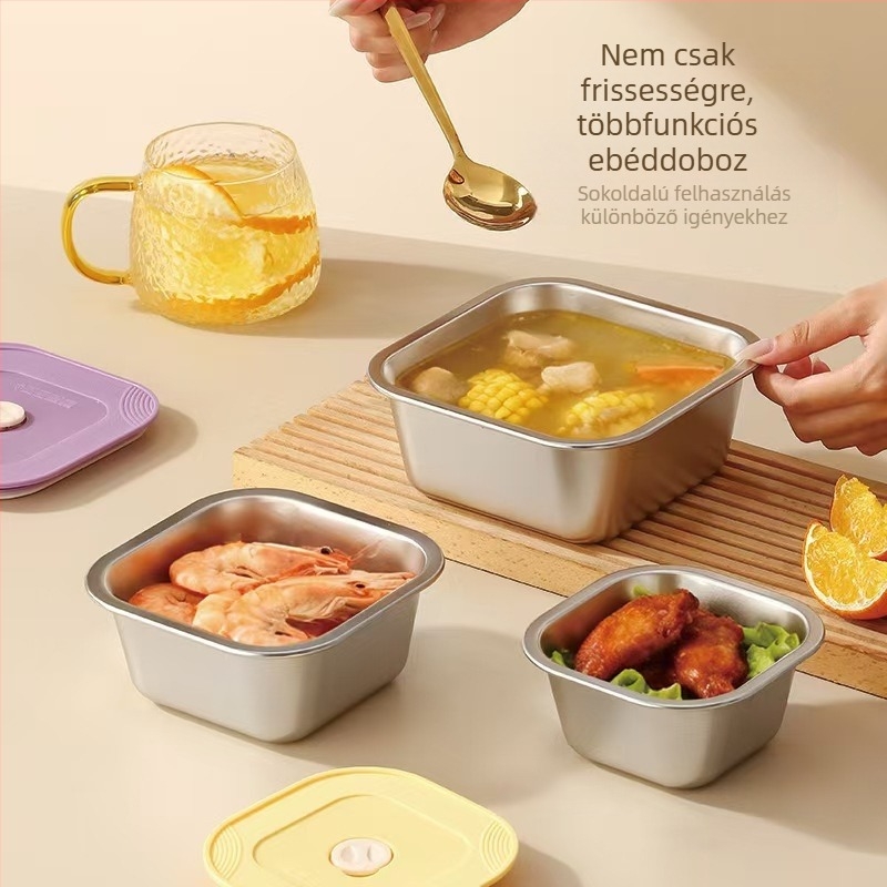 304 rozsdamentes acél ebéddoboz, négyszögletes, kétszintes, mikróban használható, melegen tartja