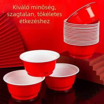 Megvastított egyszer használatos asztali edények készlet: tálak, evőpálcikák és poharak műanyagból esküvői bankettekhez és költözéshez; nagy étkezőtálak és kis leveses tálak