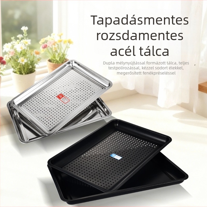 Rozsdamentes acél négyszögletes teás tálca, téglalap alakú, tapadásmentes, nem mágneses, kereskedelmi használatra, 304 élelmiszer-minőségű, nagy kapacitású