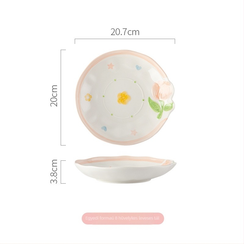 Chaohu stílusú kézzel festett porcelán étkészlet tulipán motívummal — felület aláglazúrozott, mikrohullámú sütőben használható, logó nyomtatása lehetséges, testreszabható