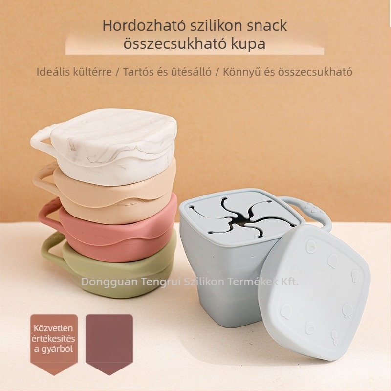 Szilikon snack tároló pohár, összecsukható, nagy kapacitás, nyakpánttal, utazáshoz, 3 hónapos kortól