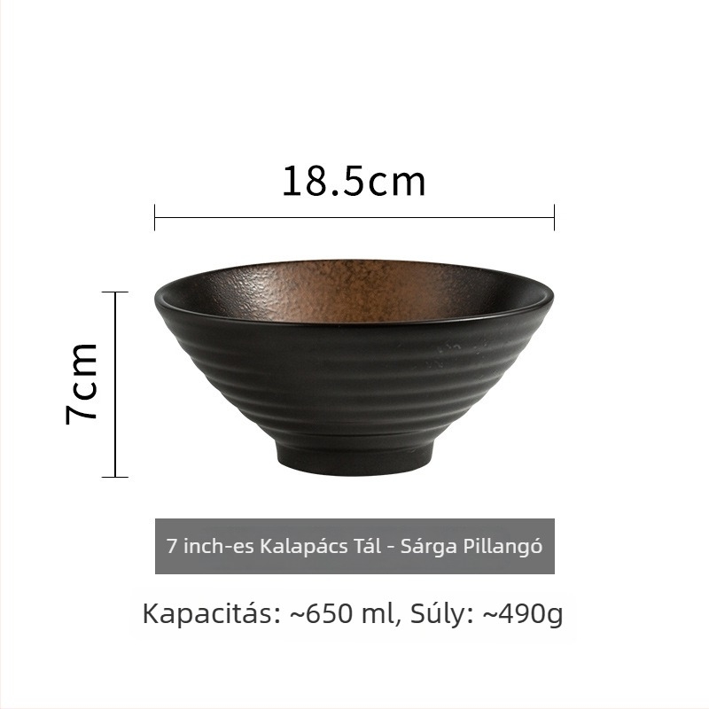 Trombitaszerű kerámia ramenes tál, japán stílus, kerek alak, mikrohullámú sütőben használható, permetezett máz