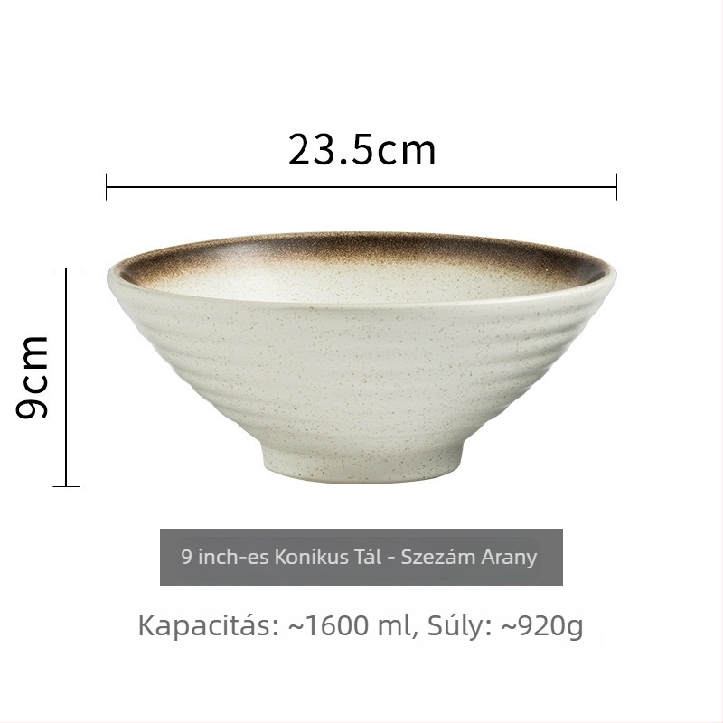 Trombitaszerű kerámia ramenes tál, japán stílus, kerek alak, mikrohullámú sütőben használható, permetezett máz