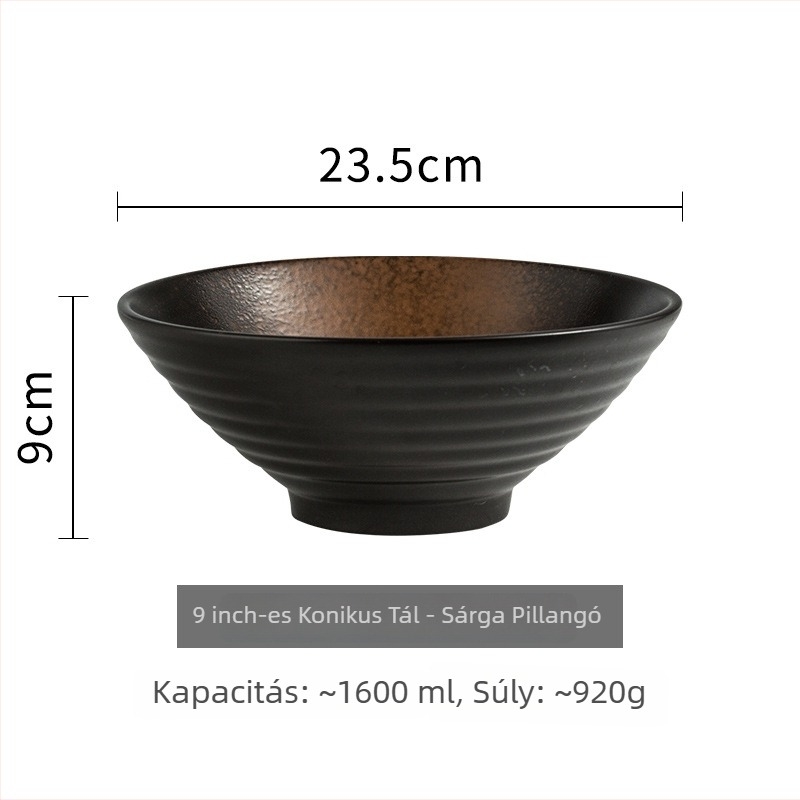 Trombitaszerű kerámia ramenes tál, japán stílus, kerek alak, mikrohullámú sütőben használható, permetezett máz