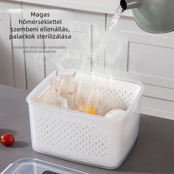 Kétszintes frissességmegőrző doboz leeresztő kosárral gyümölcsökhöz és zöldségekhez, 2,1–3 L, élelmiszer-minőségű szilikon, vízálló fedéllel