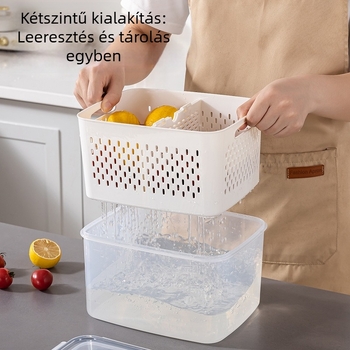 Kétszintes frissességmegőrző doboz leeresztő kosárral gyümölcsökhöz és zöldségekhez, 2,1–3 L, élelmiszer-minőségű szilikon, vízálló fedéllel