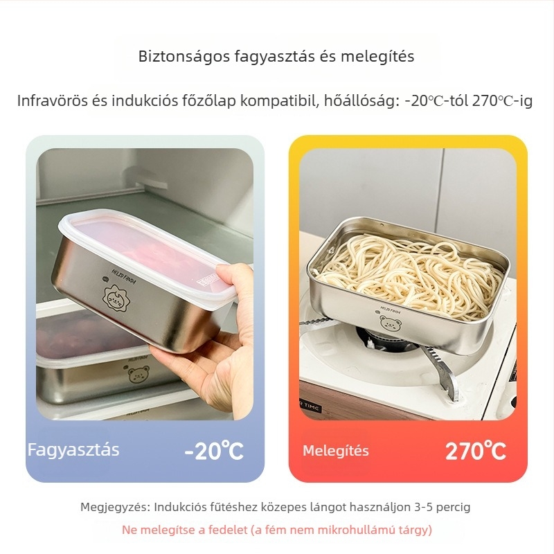 304 rozsdamentes acél élelmiszer-tároló fedővel – négyzet alakú, 301–500 ml, zárható ebédes doboz, medvecsalád mintázat
