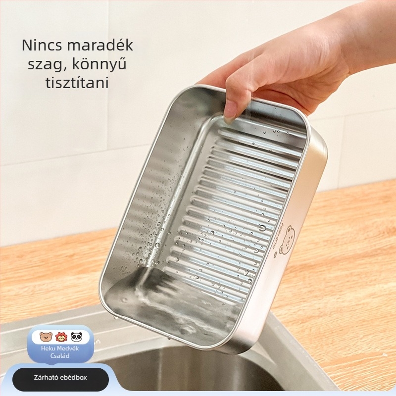 304 rozsdamentes acél élelmiszer-tároló fedővel – négyzet alakú, 301–500 ml, zárható ebédes doboz, medvecsalád mintázat