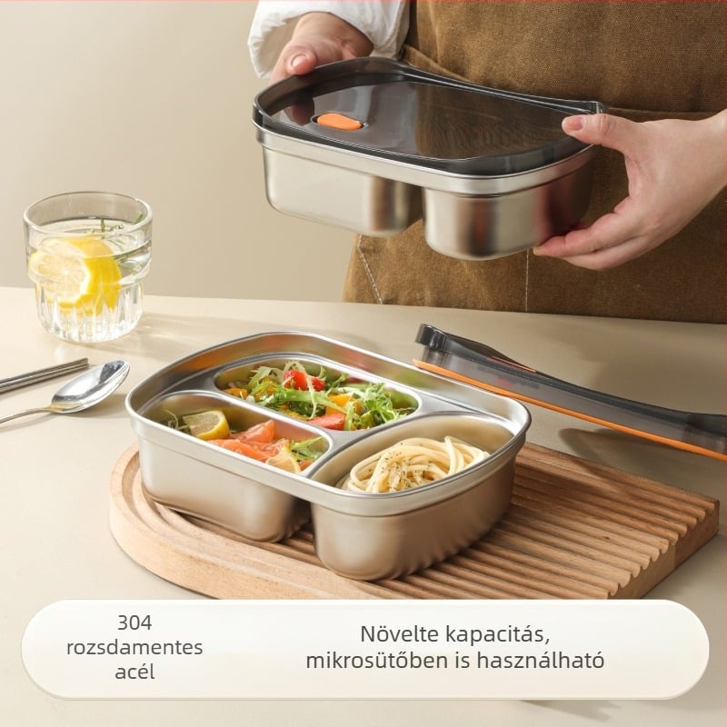 304 rozsdamentes acél ebédes doboz felosztott rekeszekkel, zárható, négyzet alakú, 800–1000 ml