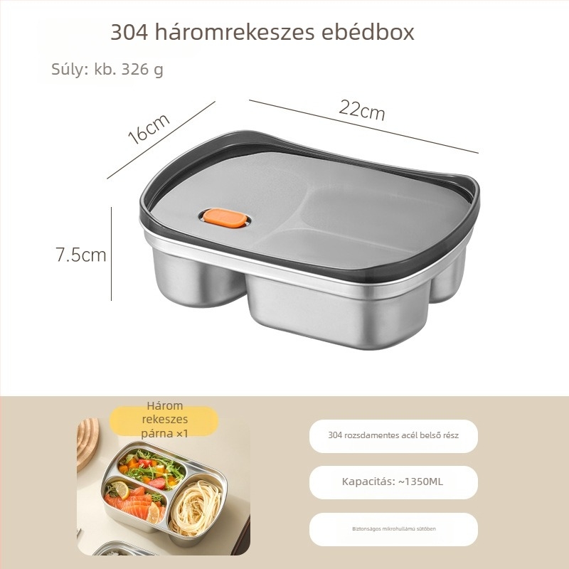 304 rozsdamentes acél ebédes doboz felosztott rekeszekkel, zárható, négyzet alakú, 800–1000 ml