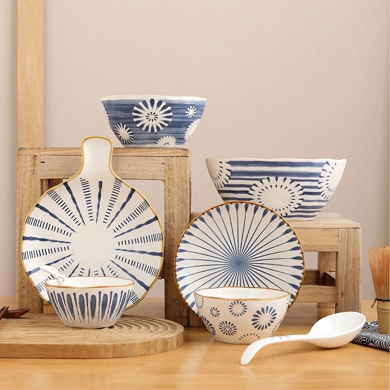 Kerámia étkészlet tálakkal és tányérokkal, alul-glazúros felület, japán stílus, könnyű luxus retro, mikróhullámú sütőhöz kompatibilis