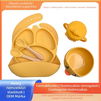 Szilikon baba etetéséhez készült edénykészlet, 7 darabos, tálak, tányérok, poharak, villa és kanál, rajzos stílus; 6 hónaptól ajánlott; három rekeszes tejpor tárolóval