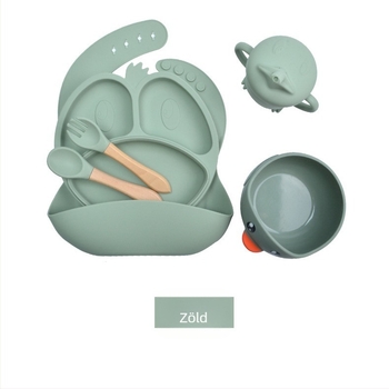 Szilikon baba etetéséhez készült edénykészlet, 7 darabos, tálak, tányérok, poharak, villa és kanál, rajzos stílus; 6 hónaptól ajánlott; három rekeszes tejpor tárolóval