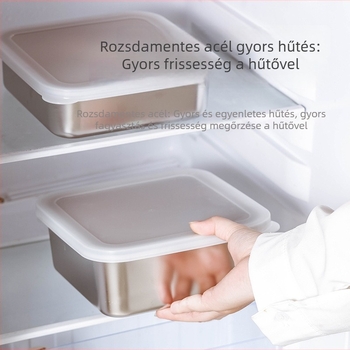 304 rozsdamentes acél, élelmiszer-minőségű, négyszögletes, háromrétegű tároló szűrő-drén rendszerrel, frissesség megőrzése, mikrohullámú sütővel kompatibilis