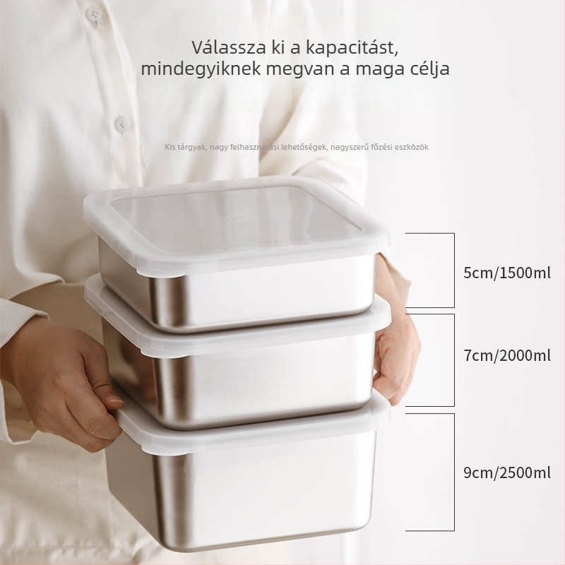 304 rozsdamentes acél, élelmiszer-minőségű, négyszögletes, háromrétegű tároló szűrő-drén rendszerrel, frissesség megőrzése, mikrohullámú sütővel kompatibilis