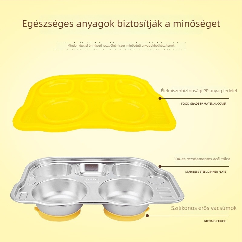 Rozsdamentes acélból készült osztott vacsora tál szívókoronggal, 6 hónapos kortól, gyerekeknek, rajzfilmszerű stílus