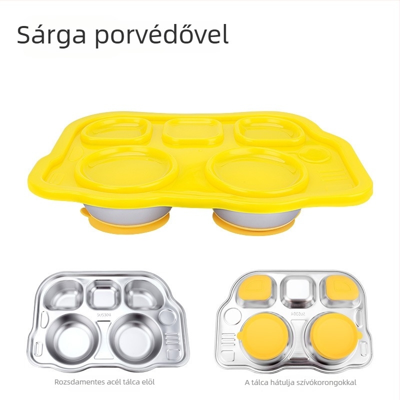 Rozsdamentes acélból készült osztott vacsora tál szívókoronggal, 6 hónapos kortól, gyerekeknek, rajzfilmszerű stílus