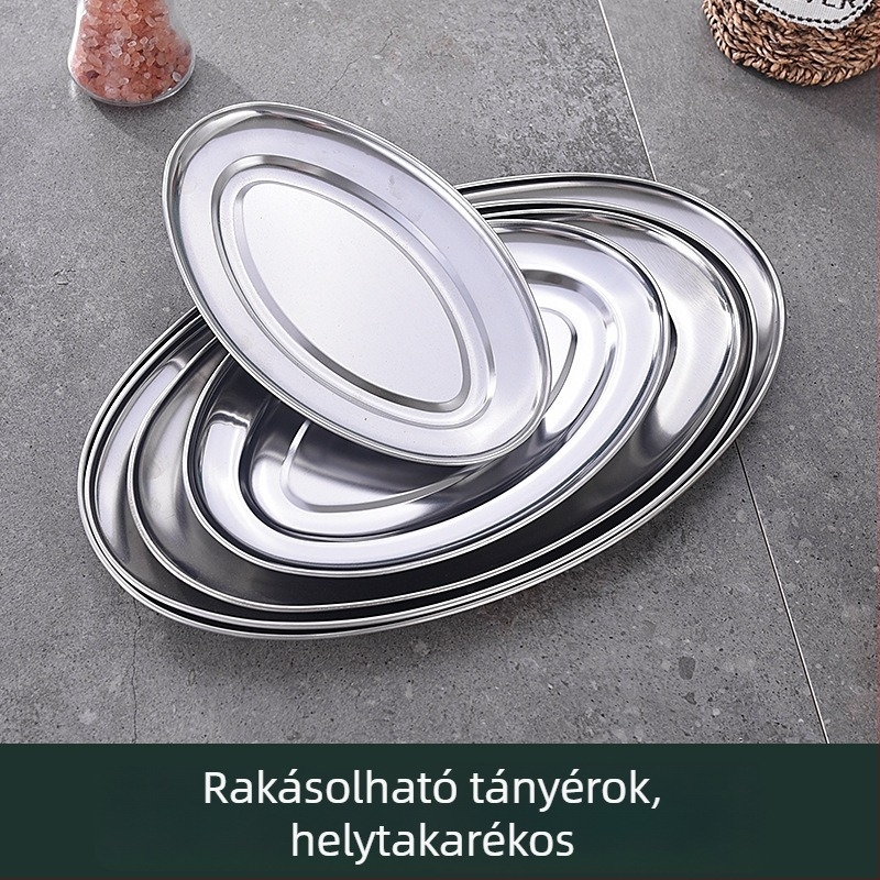 Rozsdamentes acélból készült mágneses ovális tojásos tál, sekély tál dim sumhoz és nassolnivalókhoz
