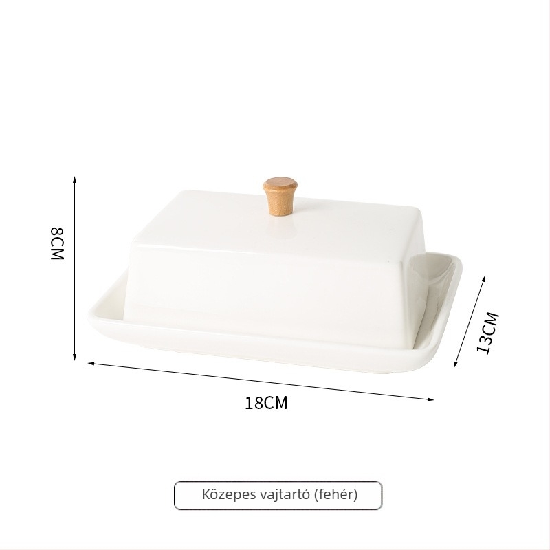 Porcelán vajtál fedéllel, téglalap alakú, skandináv stílus, bambusz és fa díszítéssel