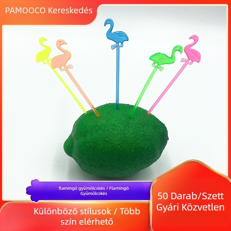 Flamingó mintás egyszer használatos műanyag gyümölcsvillák – 50 darab/set, koktél-dekorációhoz, gyümölcsök és desszertekhez